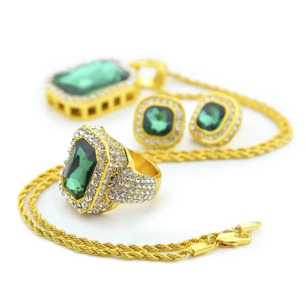 Qiuhan Blingbling Hip Hop Gem Ring Earrings Pendant Necklace Jewelry Set Gift