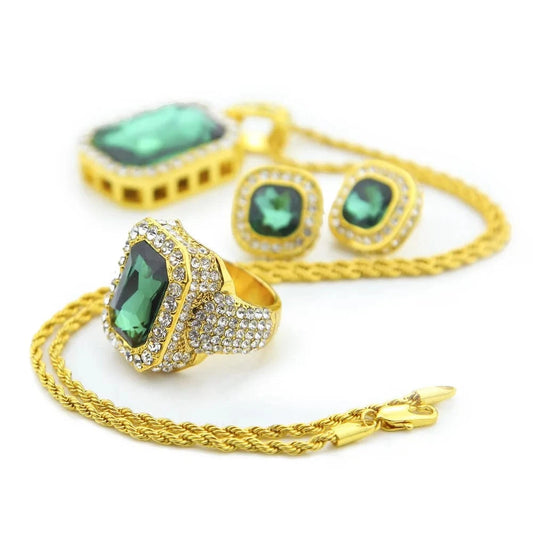 Qiuhan Blingbling Hip Hop Gem Ring Earrings Pendant Necklace Jewelry Set Gift