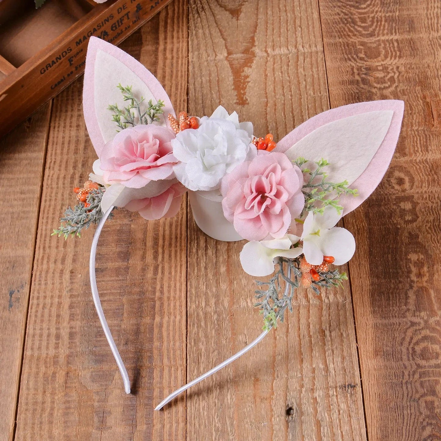 QIUHAN Spring Woodland Flower Fairy Rabbit Hairband Easter Floral Bunny Ears Headband