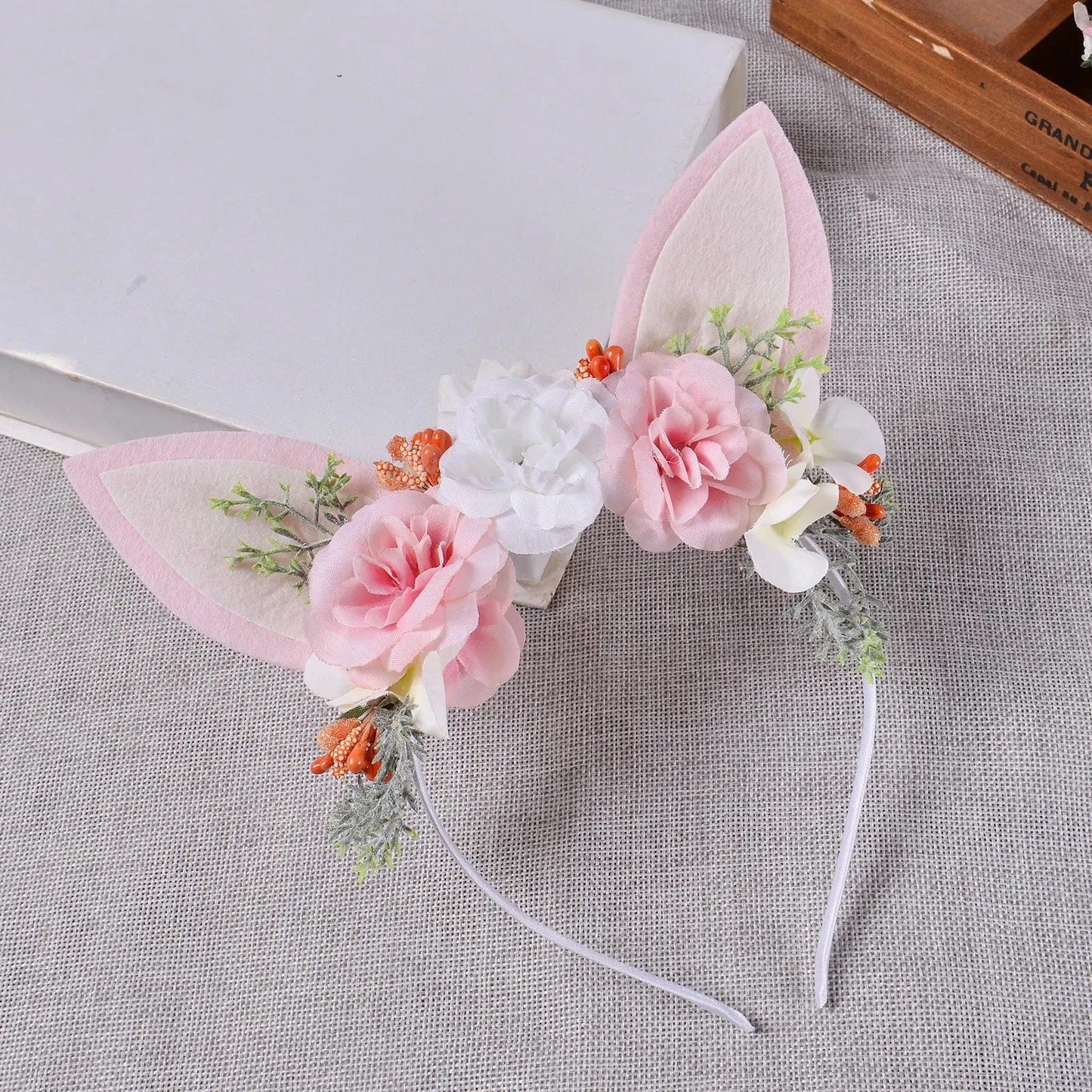QIUHAN Spring Woodland Flower Fairy Rabbit Hairband Easter Floral Bunny Ears Headband