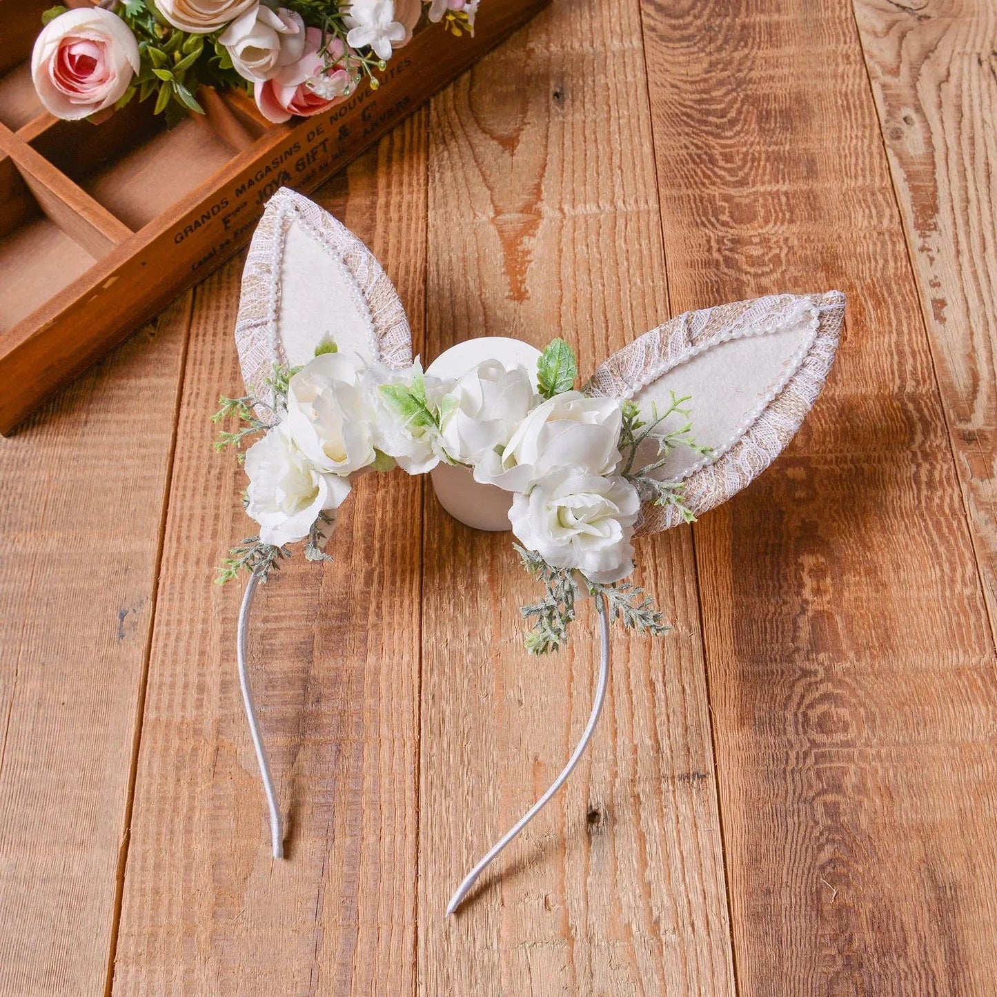 QIUHAN Spring Woodland Flower Fairy Rabbit Hairband Easter Floral Bunny Ears Headband