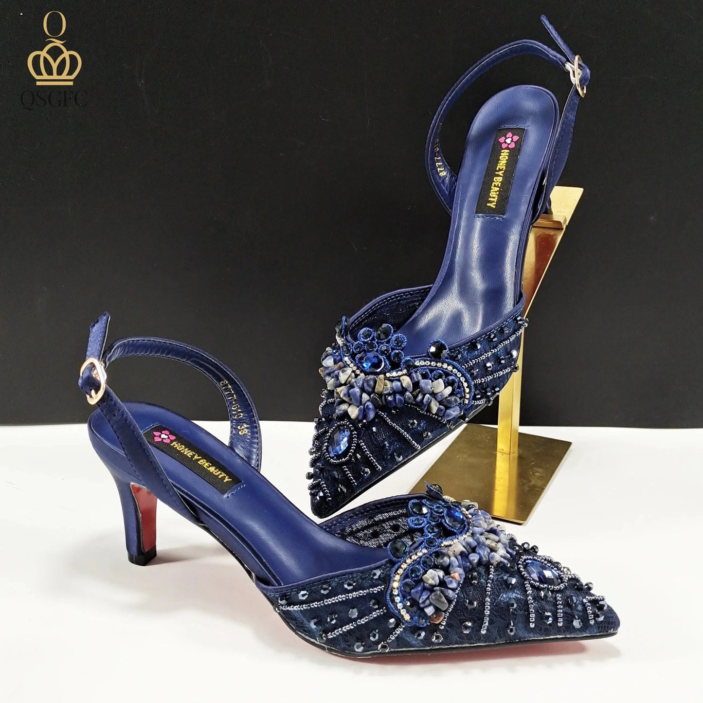 QSGFC Italian Design Rhinestones and Coral Stones Ladies Party Shoes High Heels Pointed Toe Coffee Color Women's Shoes