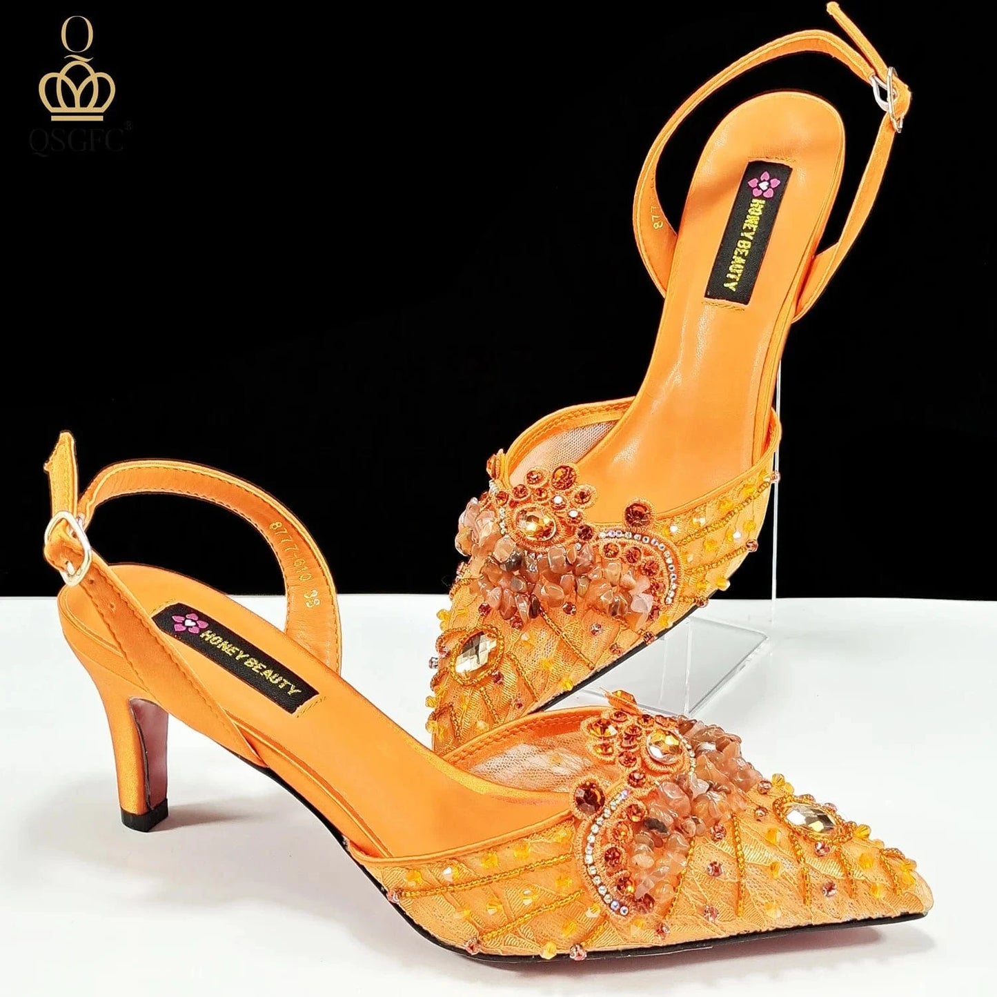 QSGFC Italian Design Rhinestones and Coral Stones Ladies Party Shoes High Heels Pointed Toe Coffee Color Women's Shoes