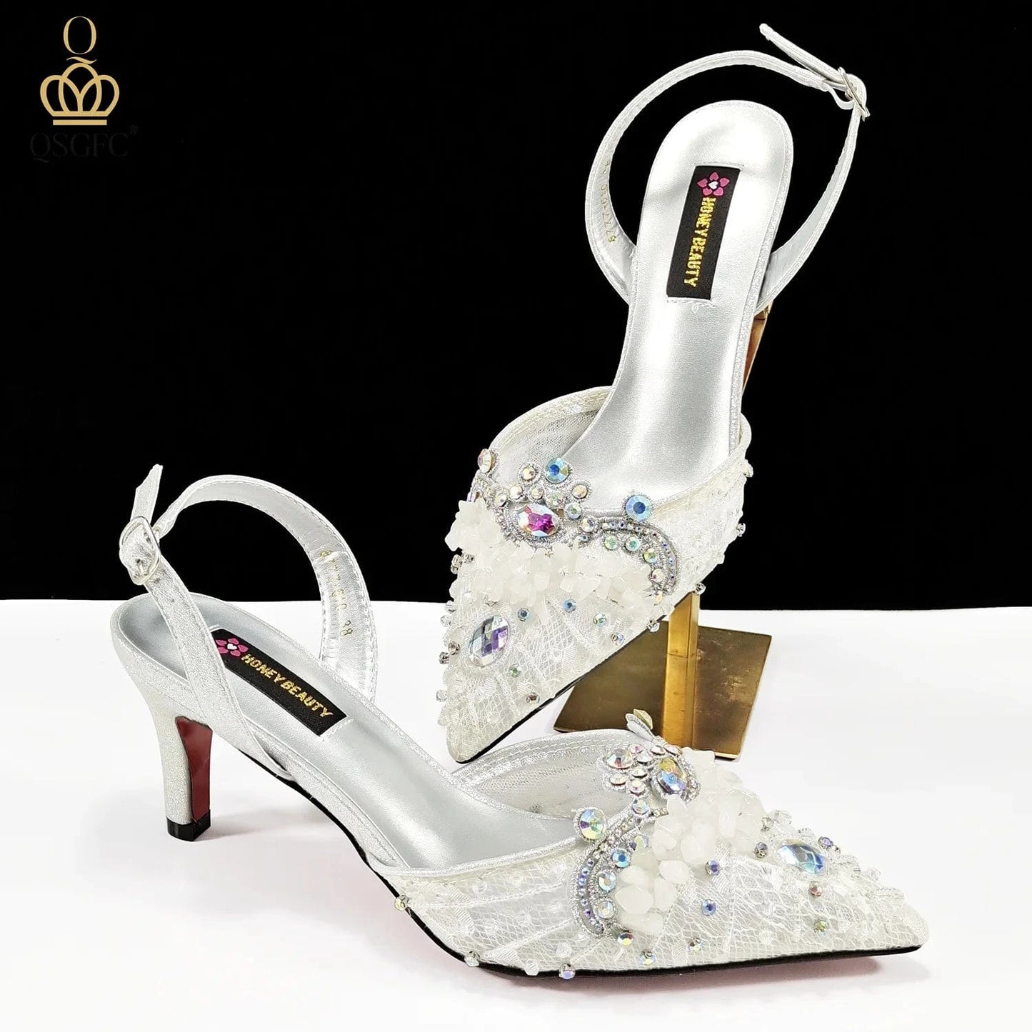 QSGFC Italian Design Rhinestones and Coral Stones Ladies Party Shoes High Heels Pointed Toe Coffee Color Women's Shoes