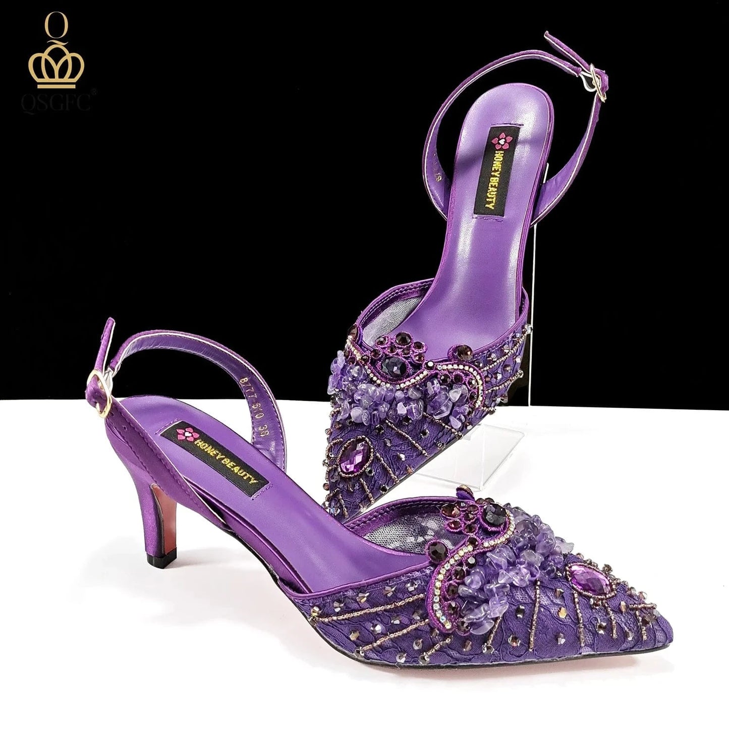 QSGFC Italian Design Rhinestones and Coral Stones Ladies Party Shoes High Heels Pointed Toe Coffee Color Women's Shoes
