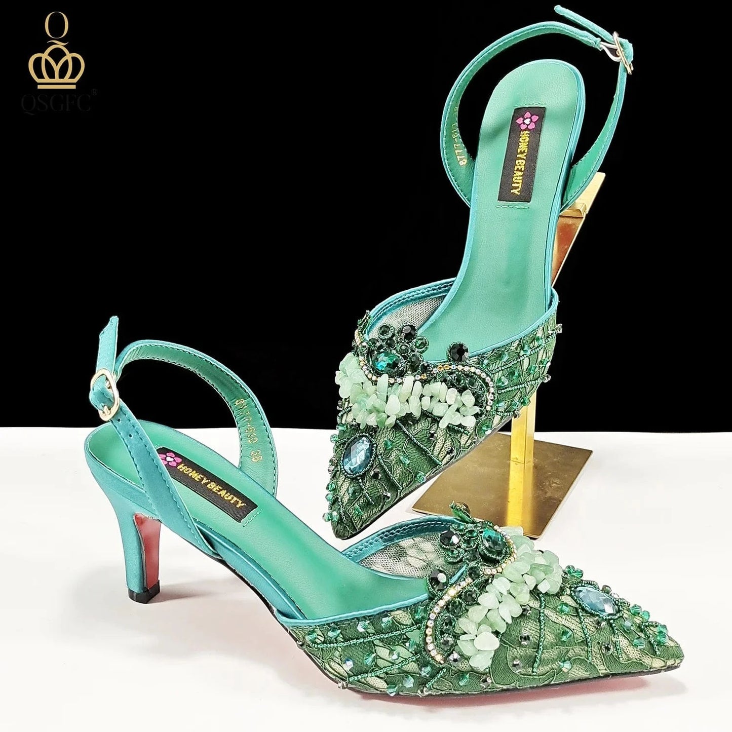 QSGFC Italian Design Rhinestones and Coral Stones Ladies Party Shoes High Heels Pointed Toe Coffee Color Women's Shoes