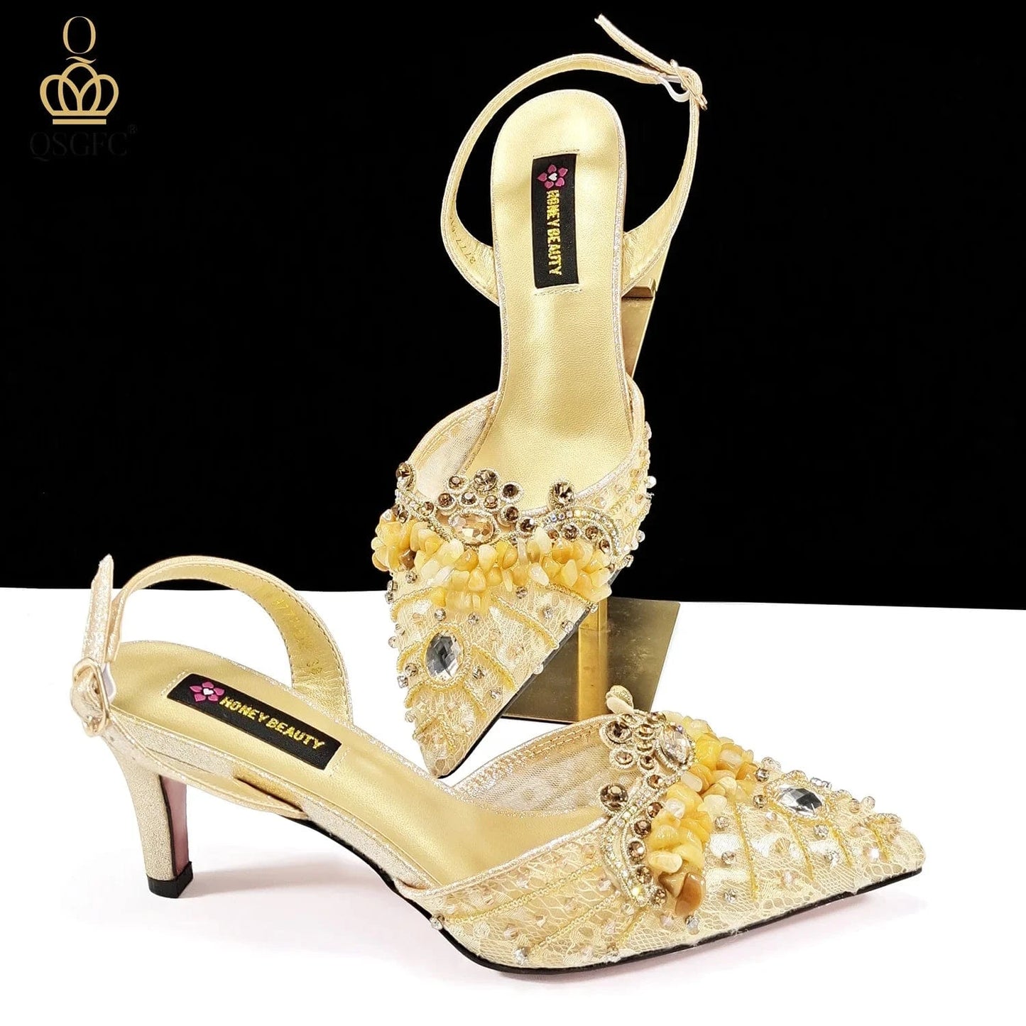 QSGFC Italian Design Rhinestones and Coral Stones Ladies Party Shoes High Heels Pointed Toe Coffee Color Women's Shoes