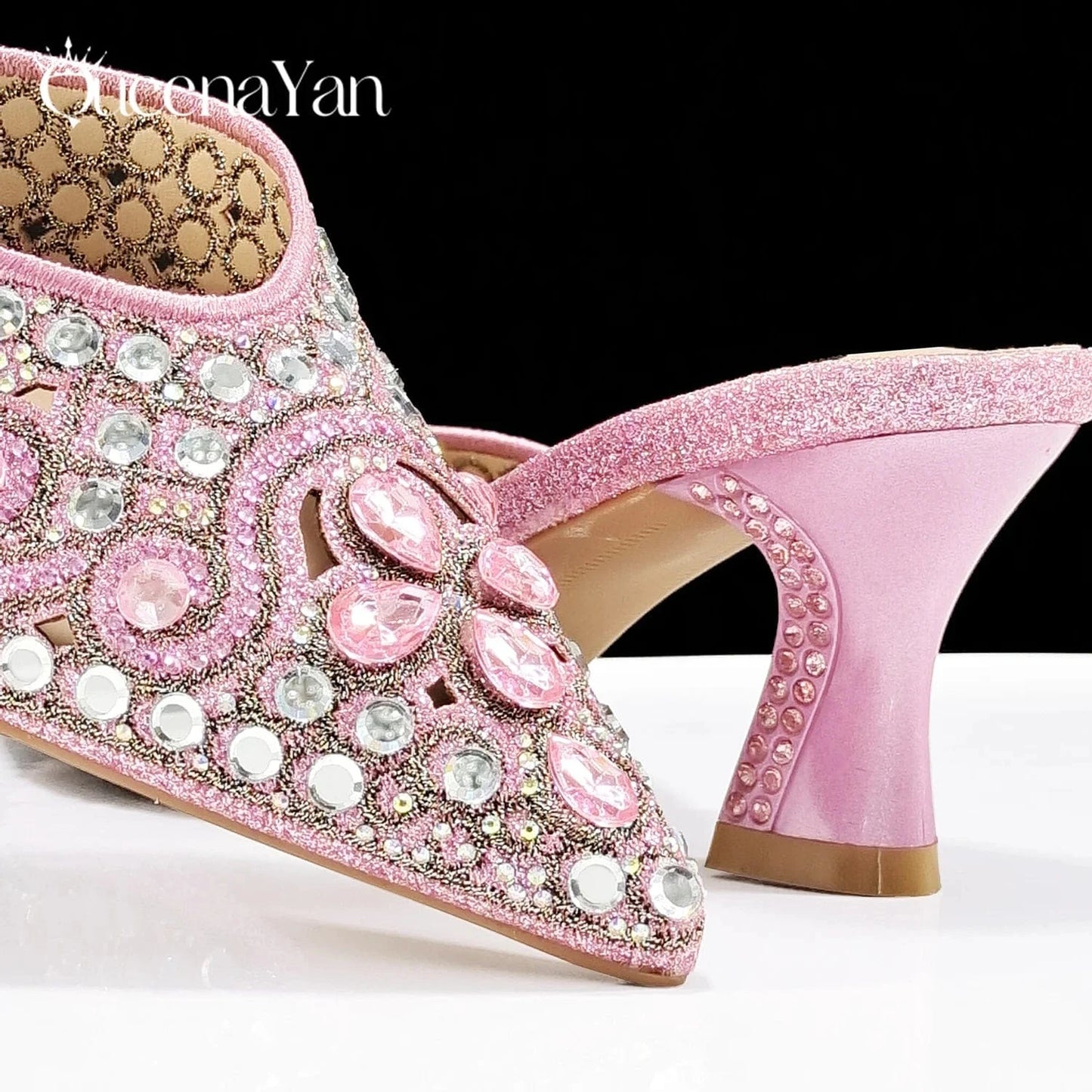 QSGFC New Design Specials Italian Women Heels Shoes and Bag in Pink Color Comfortable Heels With Rhinestone for Part