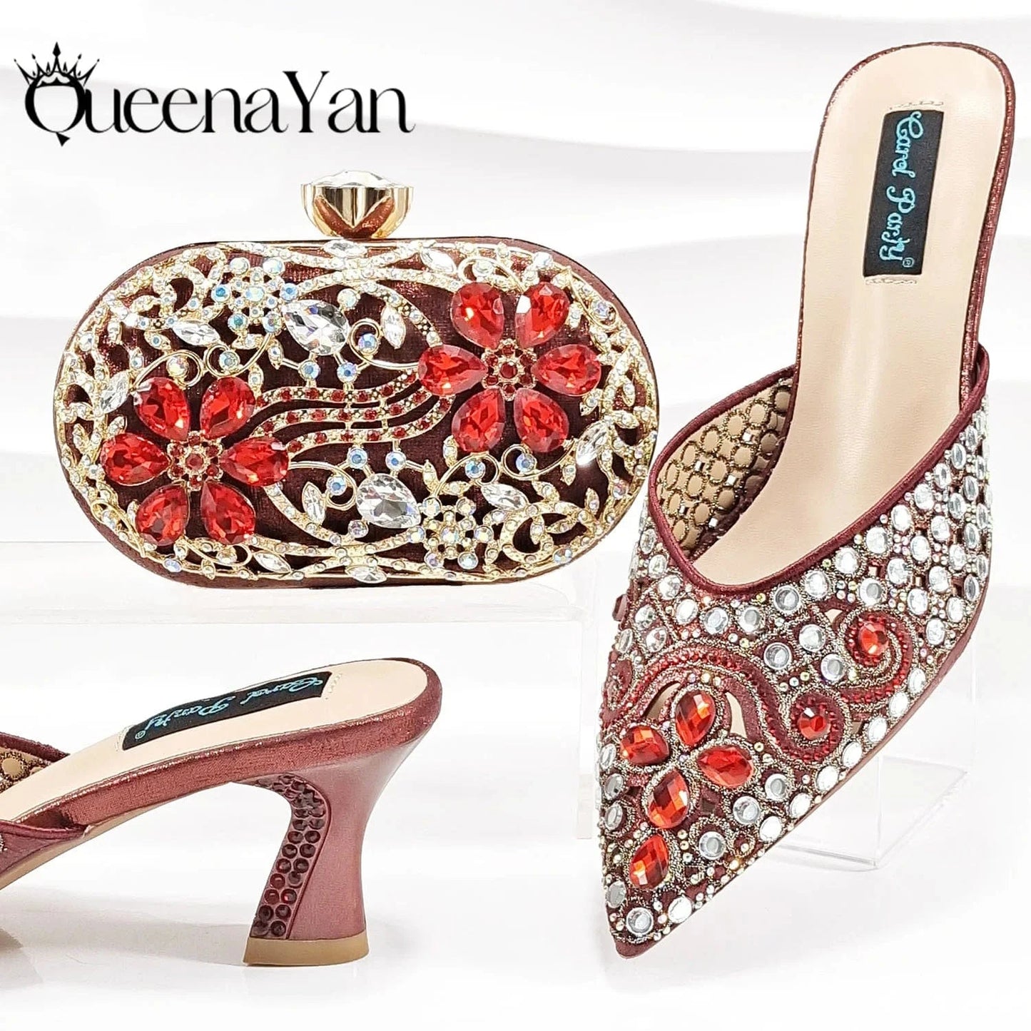 QSGFC New Design Specials Italian Women Heels Shoes and Bag in Pink Color Comfortable Heels With Rhinestone for Part