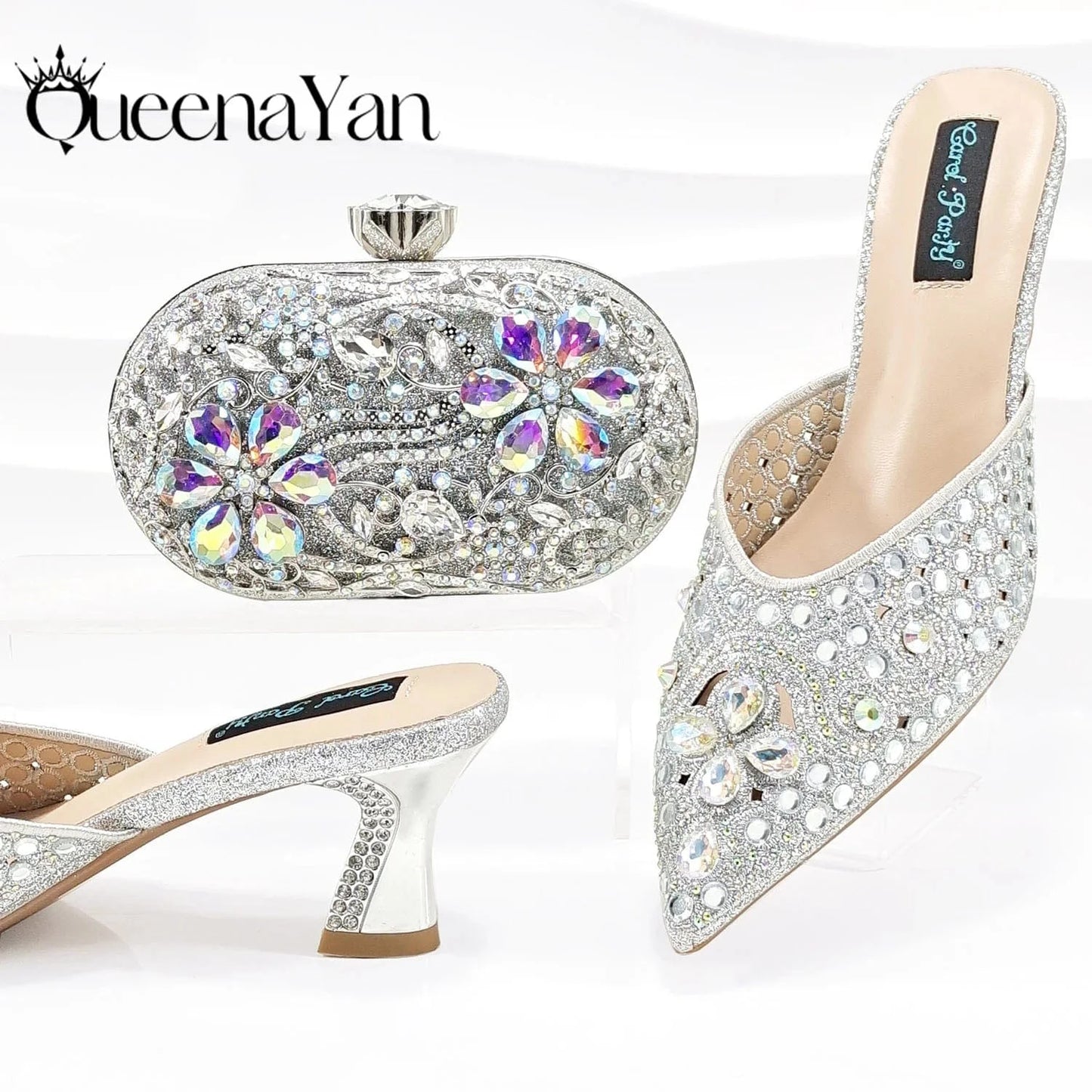 QSGFC New Design Specials Italian Women Heels Shoes and Bag in Pink Color Comfortable Heels With Rhinestone for Part