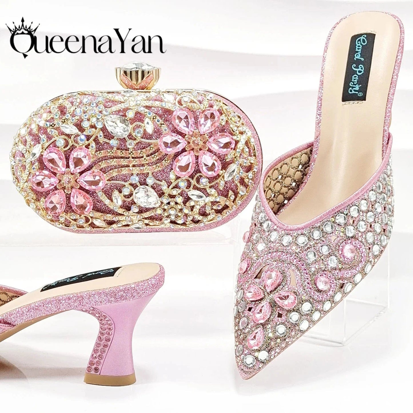 QSGFC New Design Specials Italian Women Heels Shoes and Bag in Pink Color Comfortable Heels With Rhinestone for Part