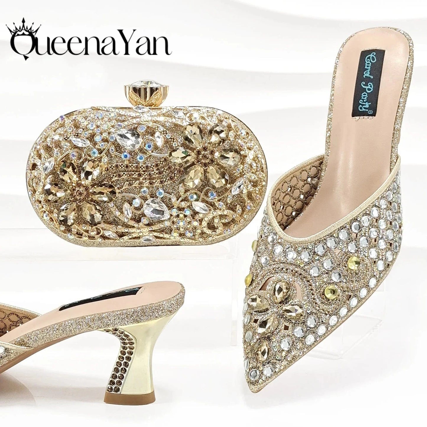 QSGFC New Design Specials Italian Women Heels Shoes and Bag in Pink Color Comfortable Heels With Rhinestone for Part
