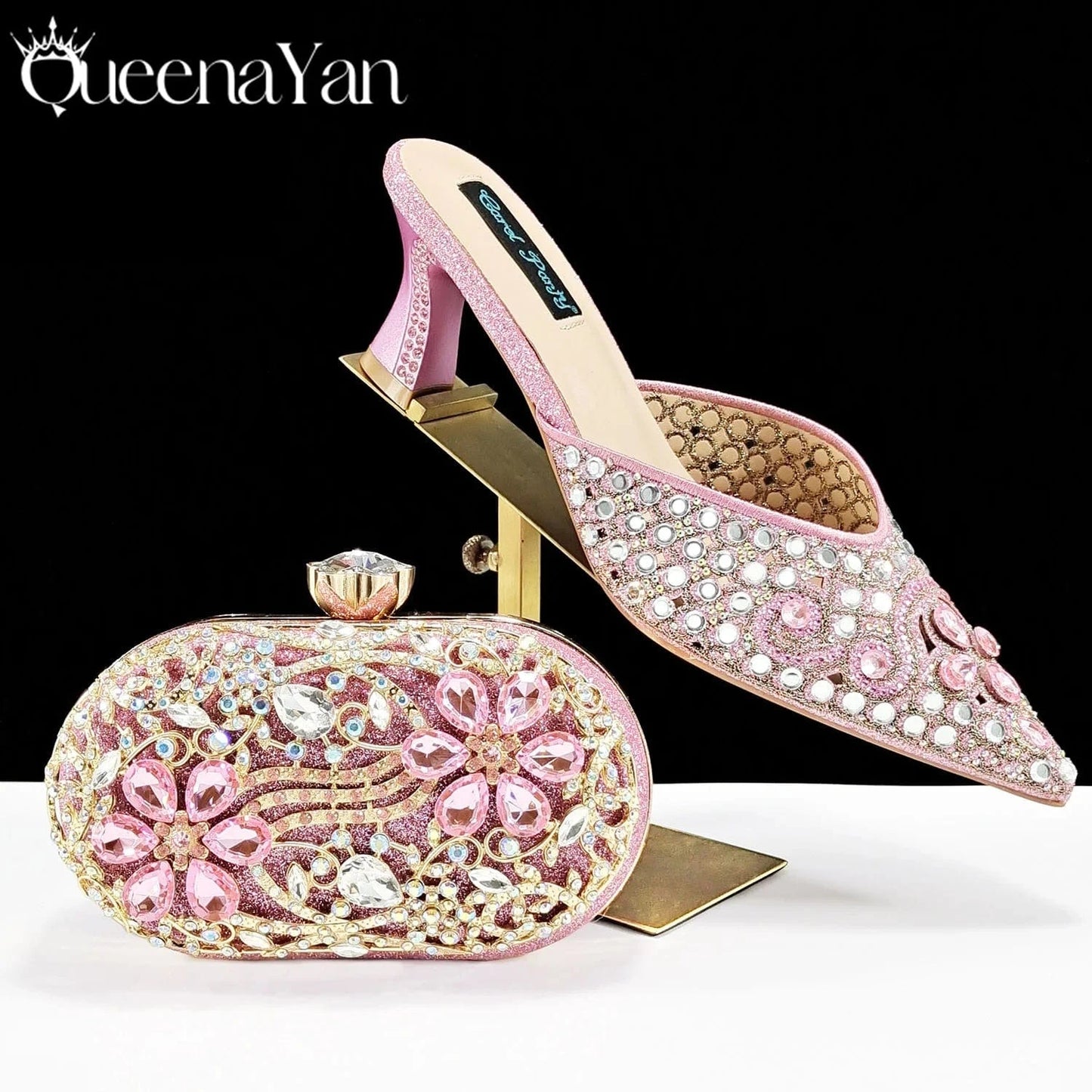 QSGFC New Design Specials Italian Women Heels Shoes and Bag in Pink Color Comfortable Heels With Rhinestone for Part