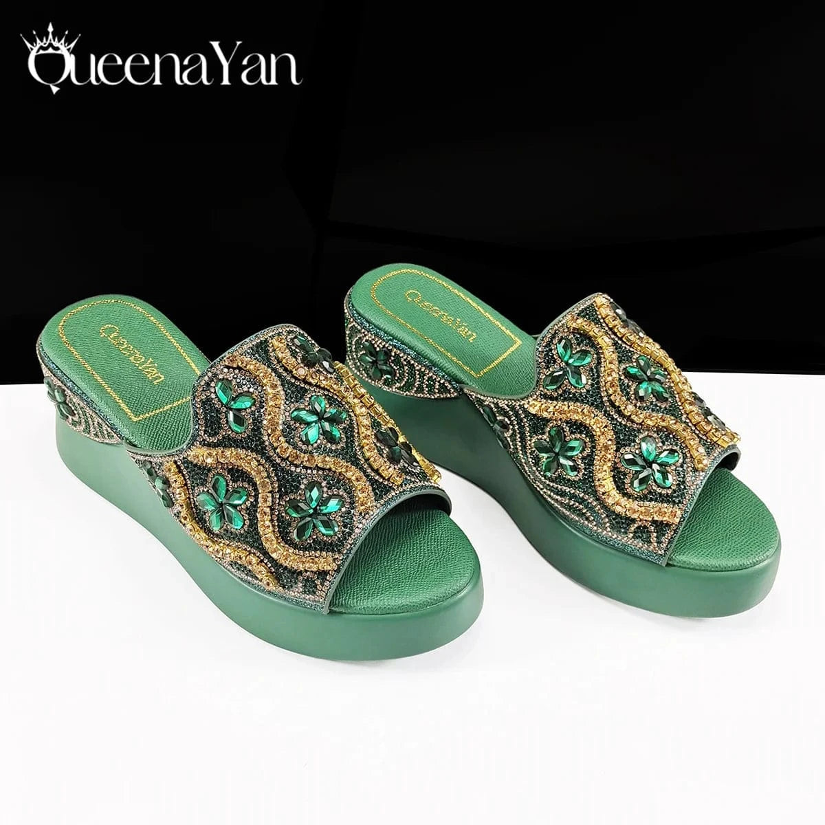 Queena Yan High Quality 2025 Newst Hot Selling Open Toe Slingback Sandals with Bag Set in Green Color For Women Wedding Party