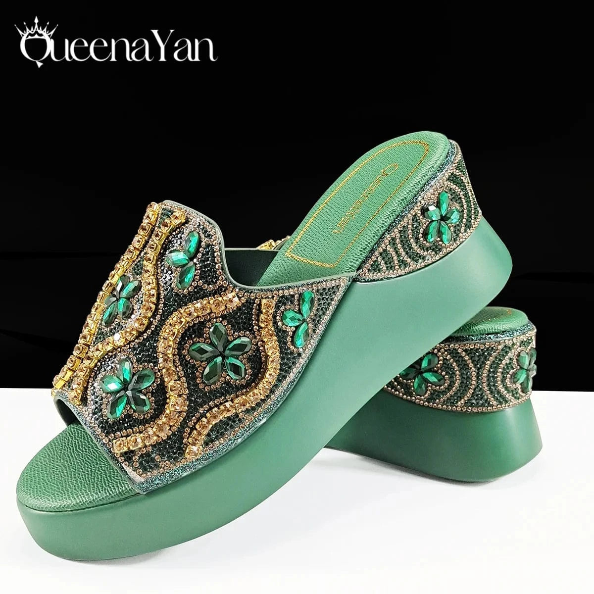 Queena Yan High Quality 2025 Newst Hot Selling Open Toe Slingback Sandals with Bag Set in Green Color For Women Wedding Party