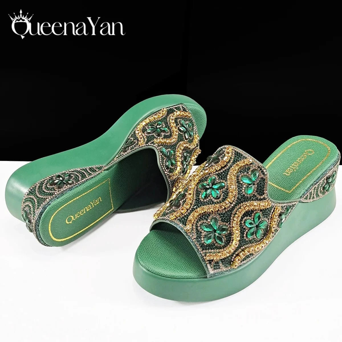 Queena Yan High Quality 2025 Newst Hot Selling Open Toe Slingback Sandals with Bag Set in Green Color For Women Wedding Party