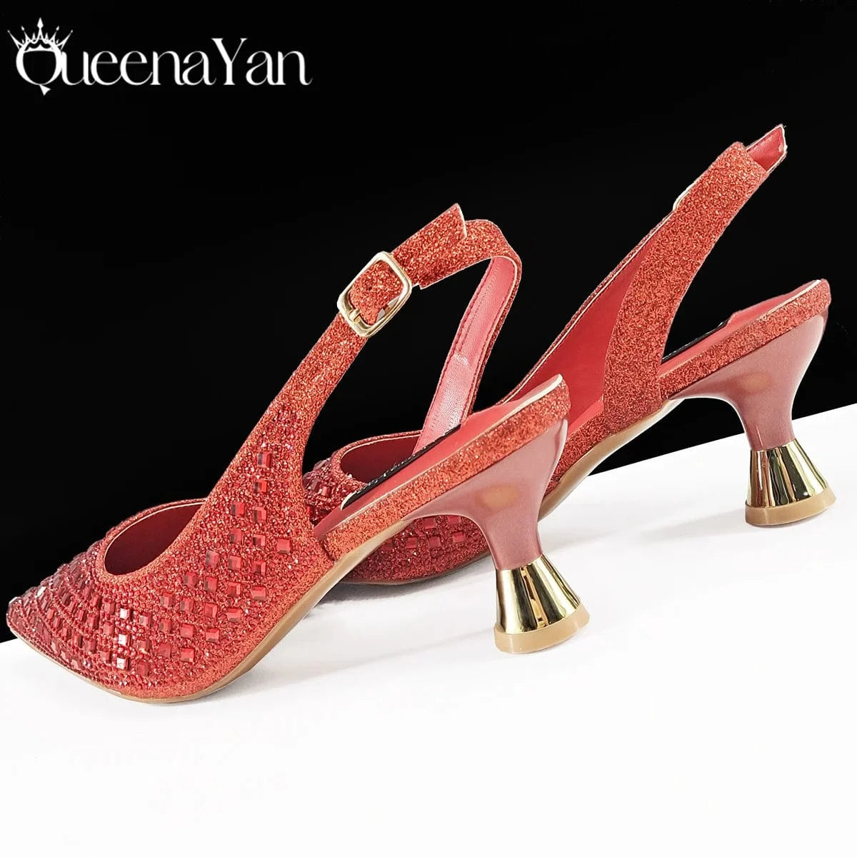 Queena Yan Italian Design Rhinestone Luxury Green Colour Pointed Toe Shoe & Bag Set Women's High Heels for Parties High Quality