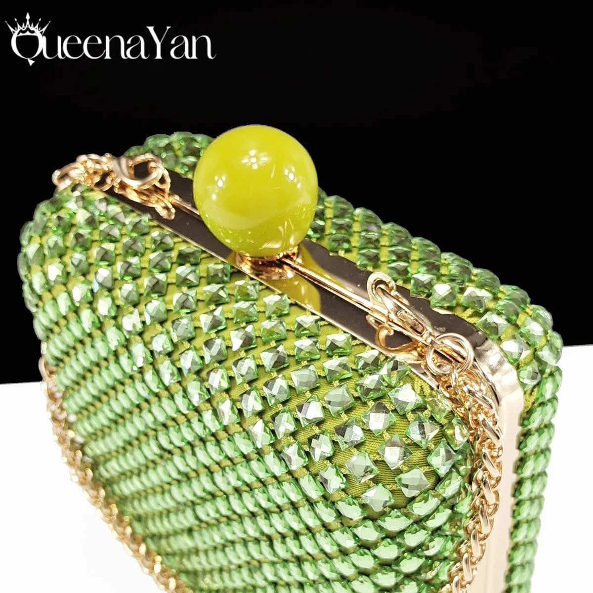 Queena Yan Italian Design Rhinestone Luxury Green Colour Pointed Toe Shoe & Bag Set Women's High Heels for Parties High Quality