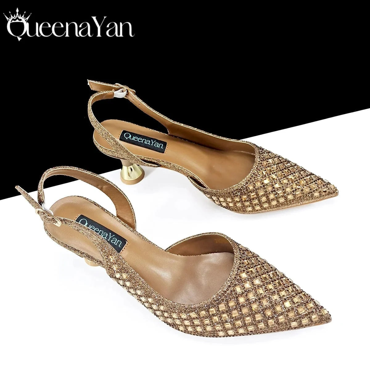 Queena Yan Italian Design Rhinestone Luxury Green Colour Pointed Toe Shoe & Bag Set Women's High Heels for Parties High Quality