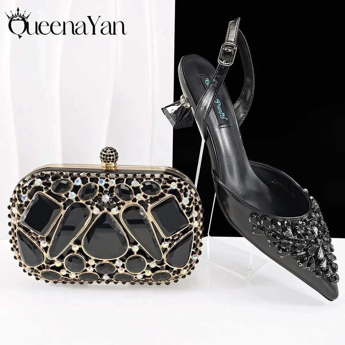 Queena Yan Italian shoes and handbags accessory set with rhinestone metal embellishments Wedding shoes Bridal shoes Designer