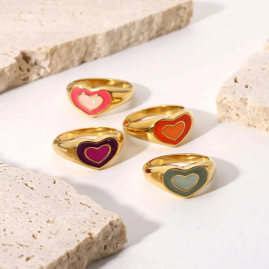 R1852 Tarnish Free Summer Jewelry Stainless Steel Colorful gold plated Rings heart Ring Finger Chunky Rings