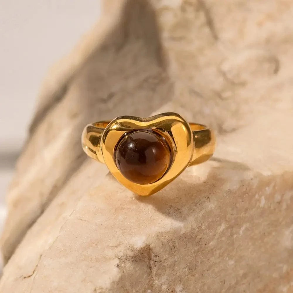 R1858 Arrival 18K Gold Plated Lapis Stone Love Rings Jewelry Stainless Steel Tiger Eye Stone Heart Open Ring