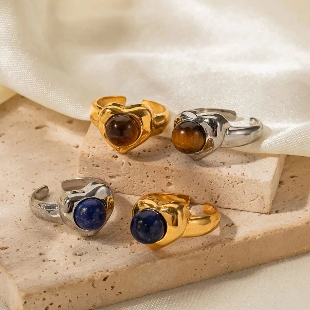 R1858 Arrival 18K Gold Plated Lapis Stone Love Rings Jewelry Stainless Steel Tiger Eye Stone Heart Open Ring