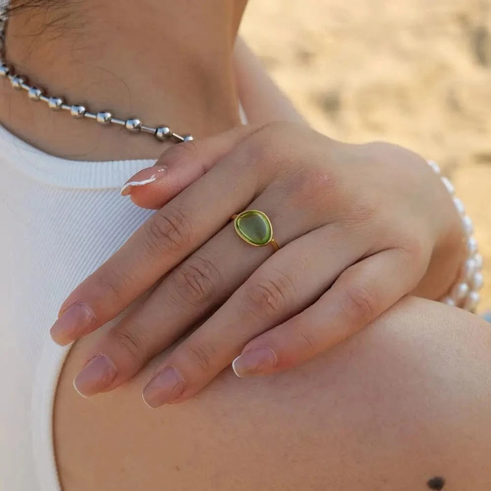 R1880 18K Gold Plated Stainless Steel Jewelry Summer Beach Resin Opening Rings for Women