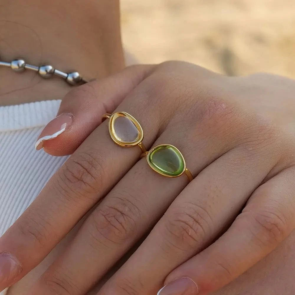 R1880 18K Gold Plated Stainless Steel Jewelry Summer Beach Resin Opening Rings for Women
