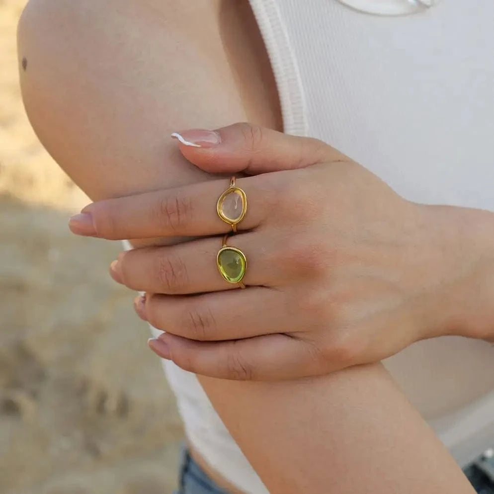 R1880 18K Gold Plated Stainless Steel Jewelry Summer Beach Resin Opening Rings for Women