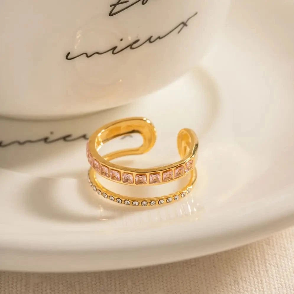 R1918 Geometric 18K Gold Plated Layered CZ Stone Ring Jewelry Stainless Steel Green Double Layer Clear Cubic Zirconia Open Ring