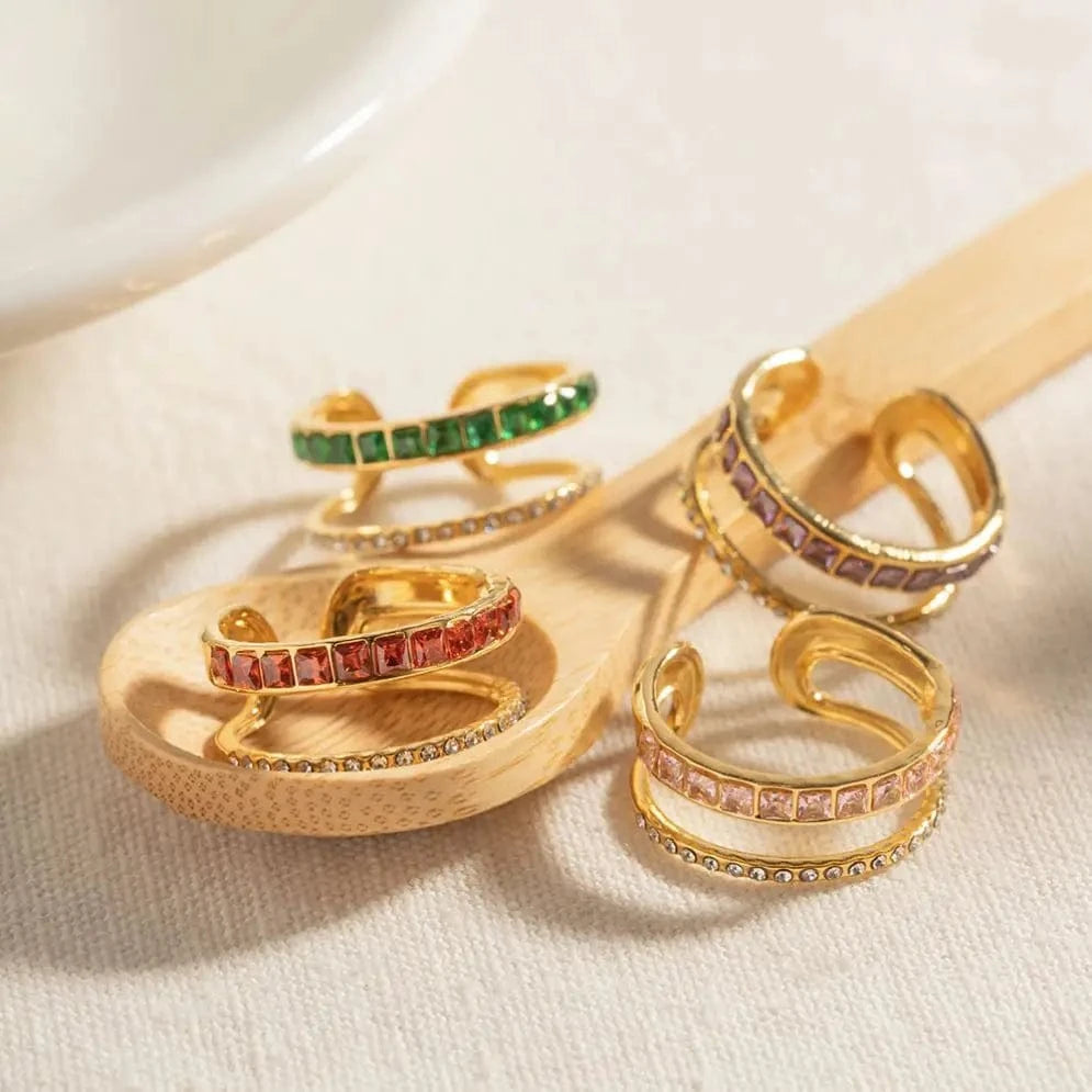 R1918 Geometric 18K Gold Plated Layered CZ Stone Ring Jewelry Stainless Steel Green Double Layer Clear Cubic Zirconia Open Ring