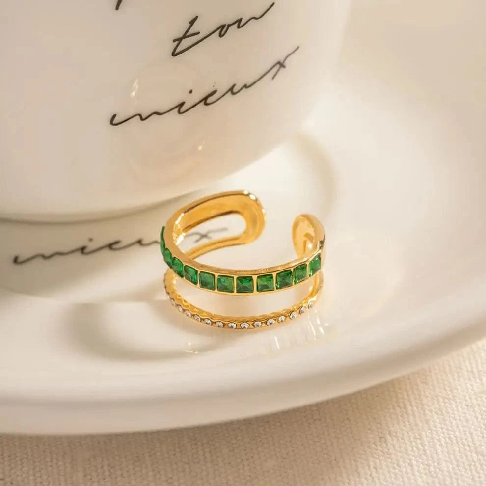 R1918 Geometric 18K Gold Plated Layered CZ Stone Ring Jewelry Stainless Steel Green Double Layer Clear Cubic Zirconia Open Ring