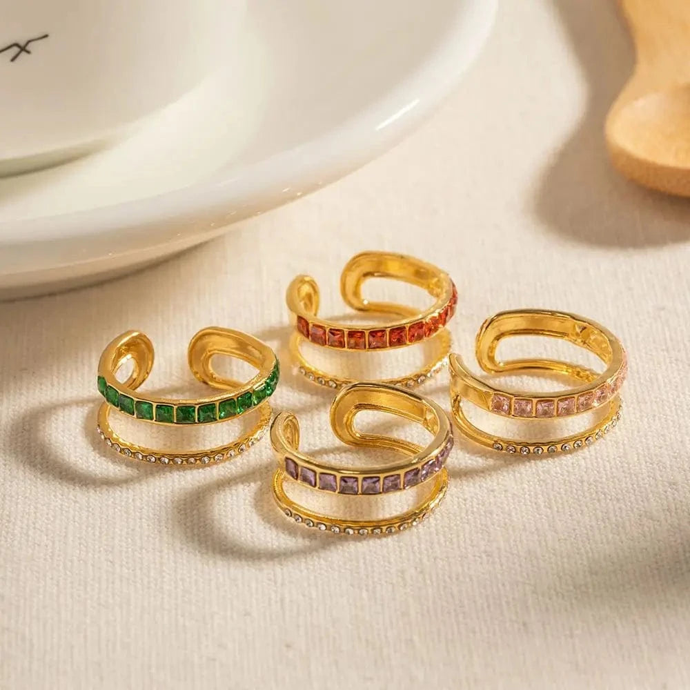 R1918 Geometric 18K Gold Plated Layered CZ Stone Ring Jewelry Stainless Steel Green Double Layer Clear Cubic Zirconia Open Ring