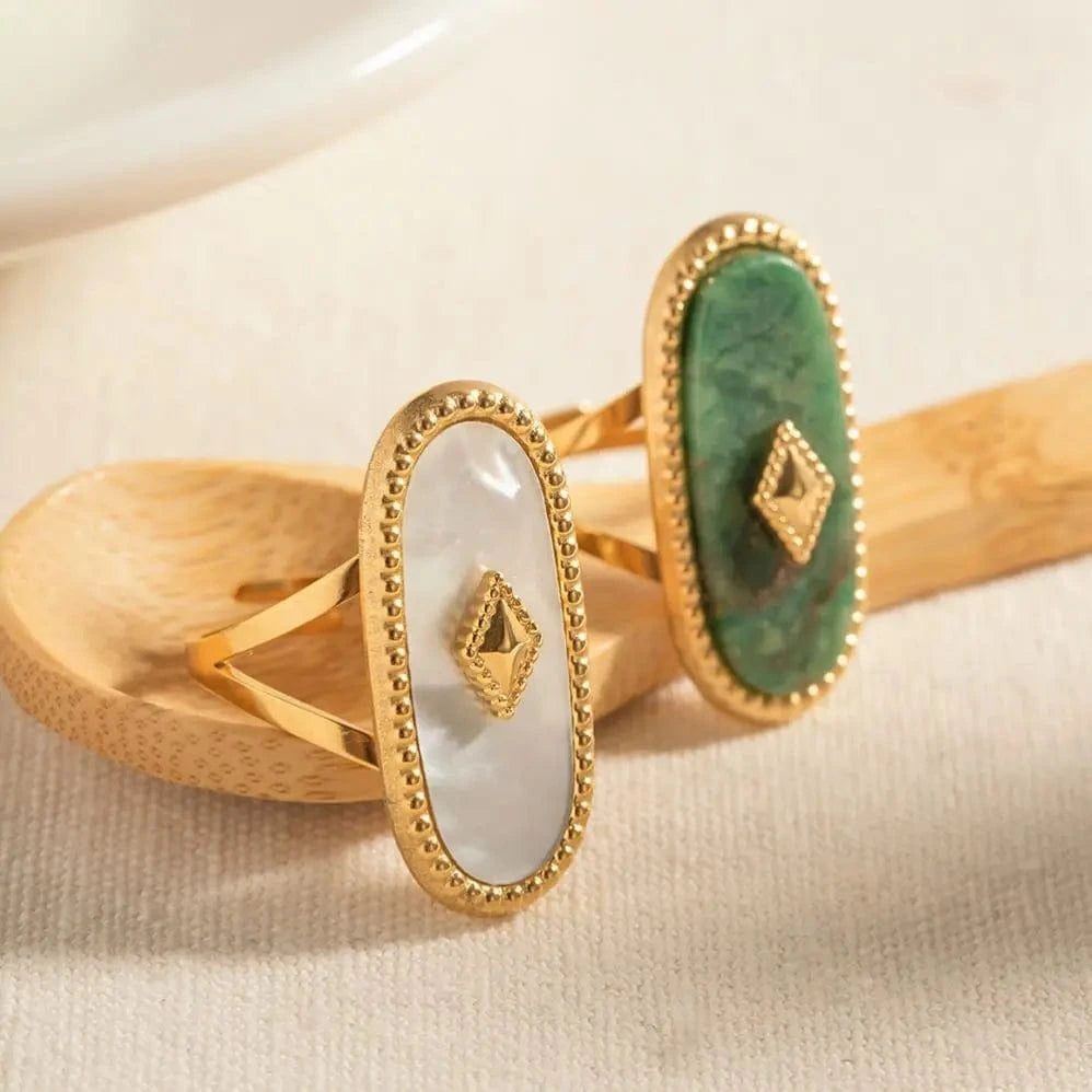 R1920 Arrival Natural African Stone Ring Jewelry 18K Gold Plated Stainless Steel Oval Natural Shell Punk Ring