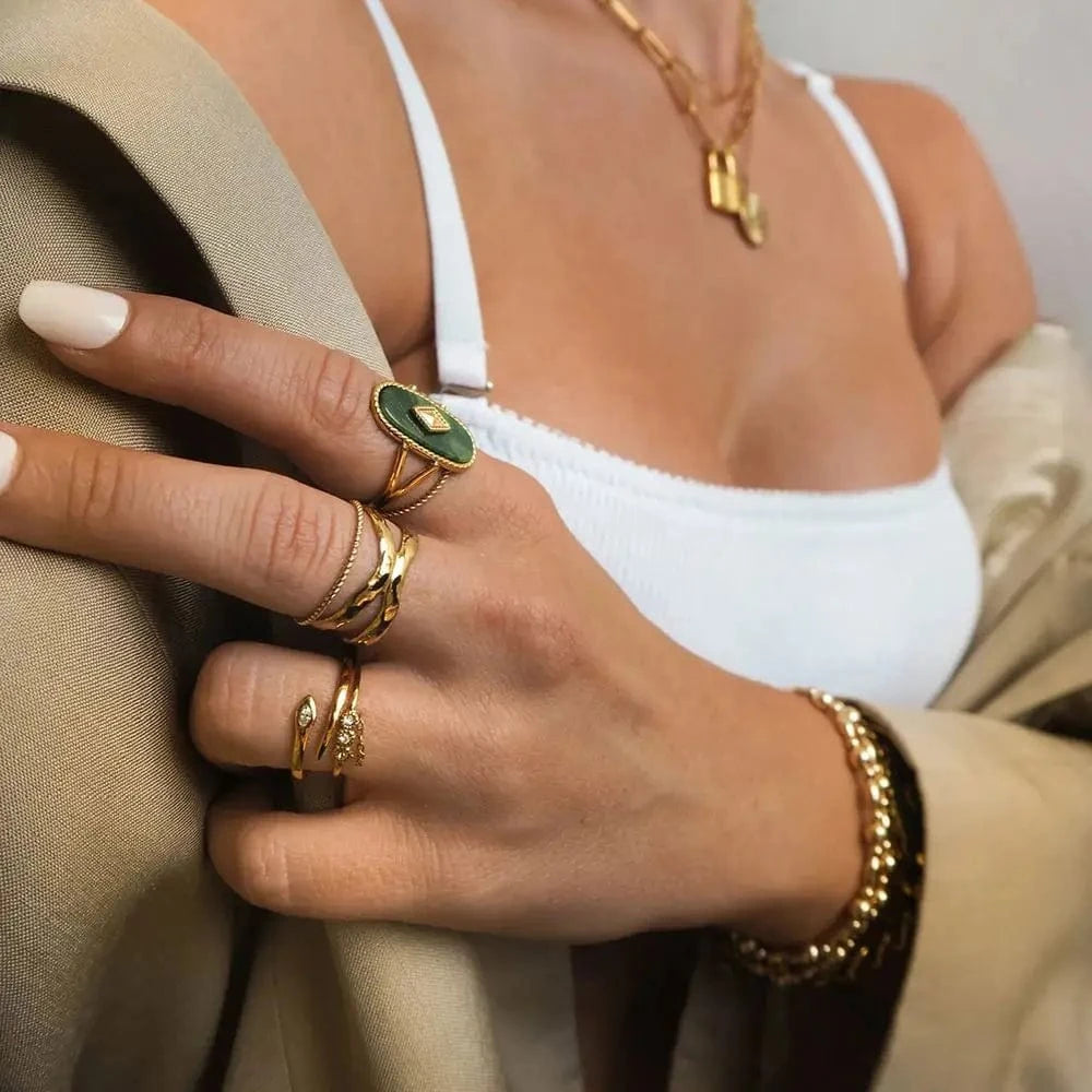 R1920 Arrival Natural African Stone Ring Jewelry 18K Gold Plated Stainless Steel Oval Natural Shell Punk Ring