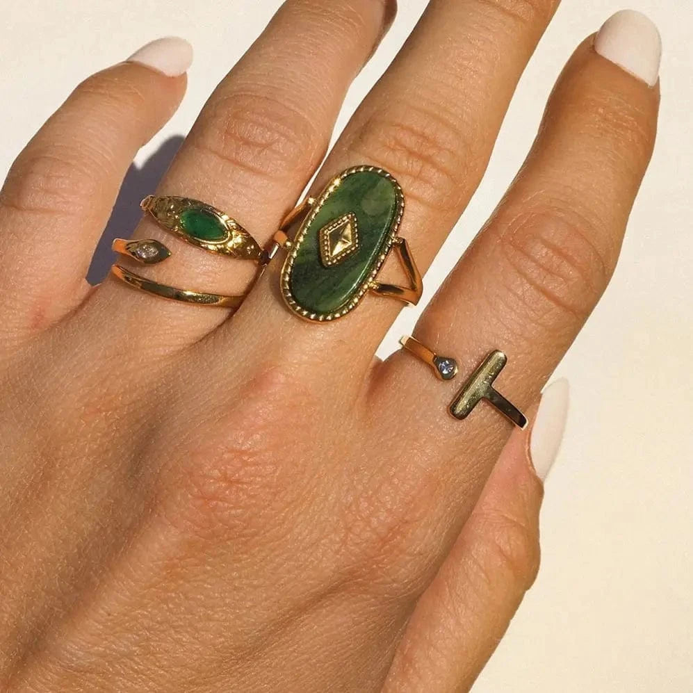 R1920 Arrival Natural African Stone Ring Jewelry 18K Gold Plated Stainless Steel Oval Natural Shell Punk Ring