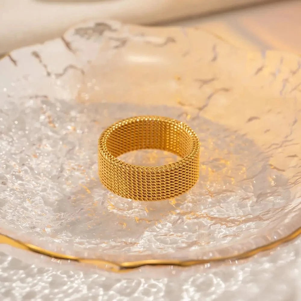 R1926 Arrival Wide Band Stainless Steel 18k Gold Open Spaced Simple Lattice Woven Zip Chain Enamel Rings