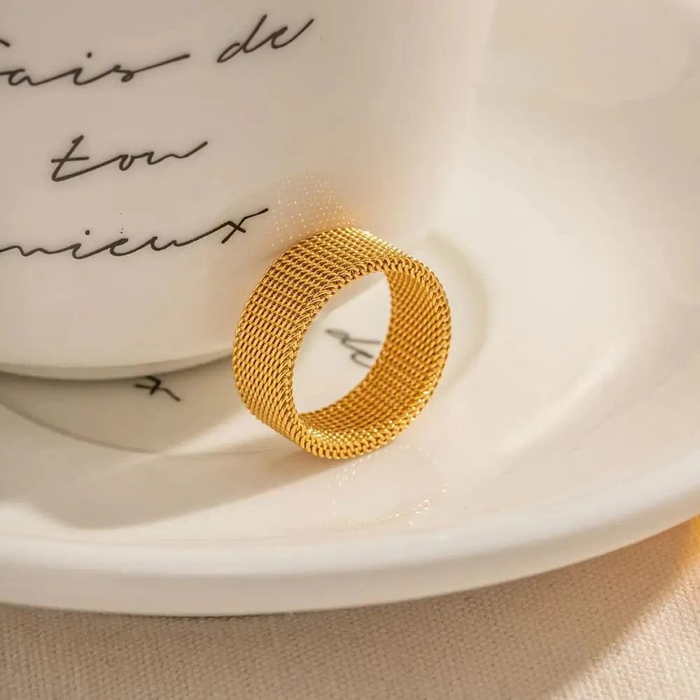 R1926 Arrival Wide Band Stainless Steel 18k Gold Open Spaced Simple Lattice Woven Zip Chain Enamel Rings