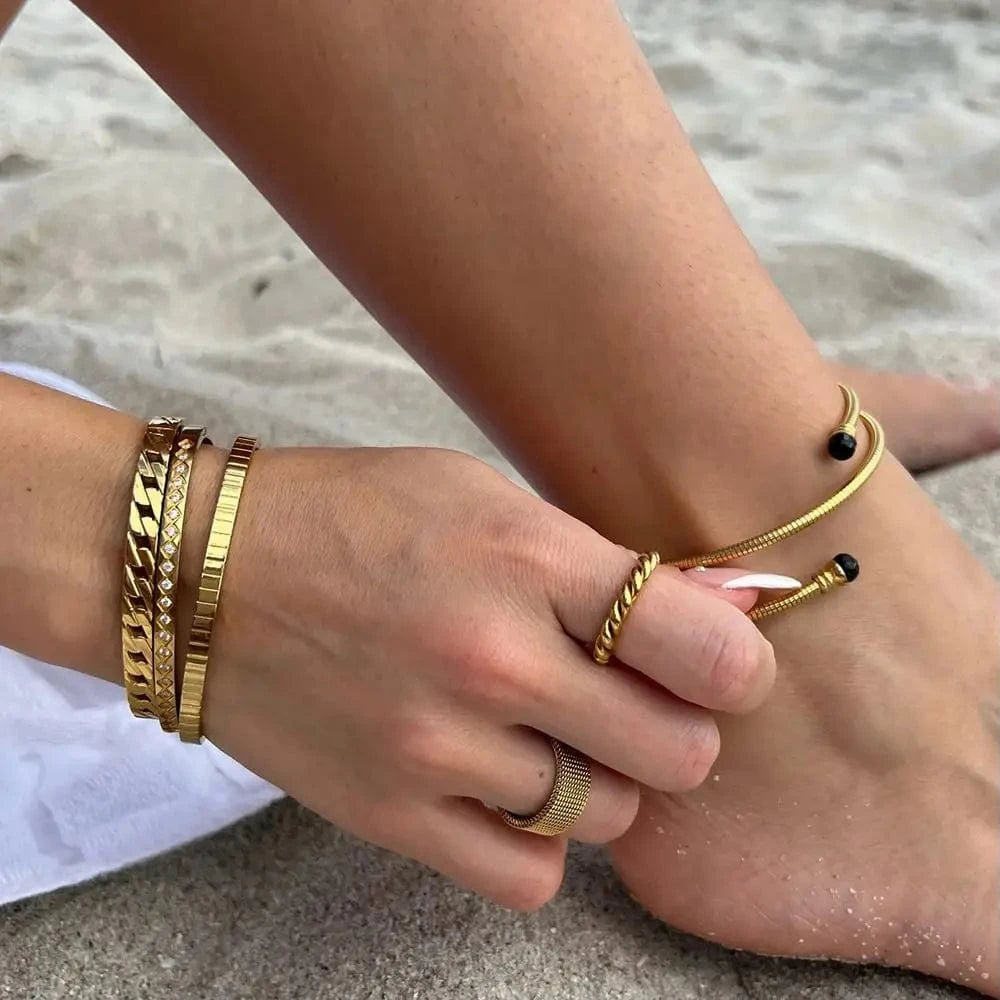R1926 Arrival Wide Band Stainless Steel 18k Gold Open Spaced Simple Lattice Woven Zip Chain Enamel Rings