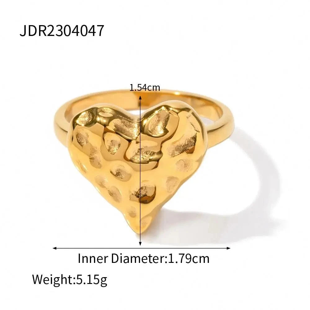 R1943 Stainless Steel 18K Gold Plated Jewelry Gift Waterproof Hammered Texture Heart Rings for Girls