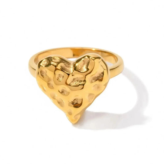 R1943 Stainless Steel 18K Gold Plated Jewelry Gift Waterproof Hammered Texture Heart Rings for Girls