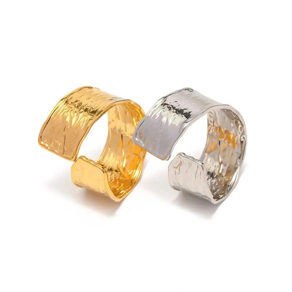 R1964 Geometric Jewelry Gold Silver Plated Stainless Steel Wide Texture Pleated Open Ring for Girls