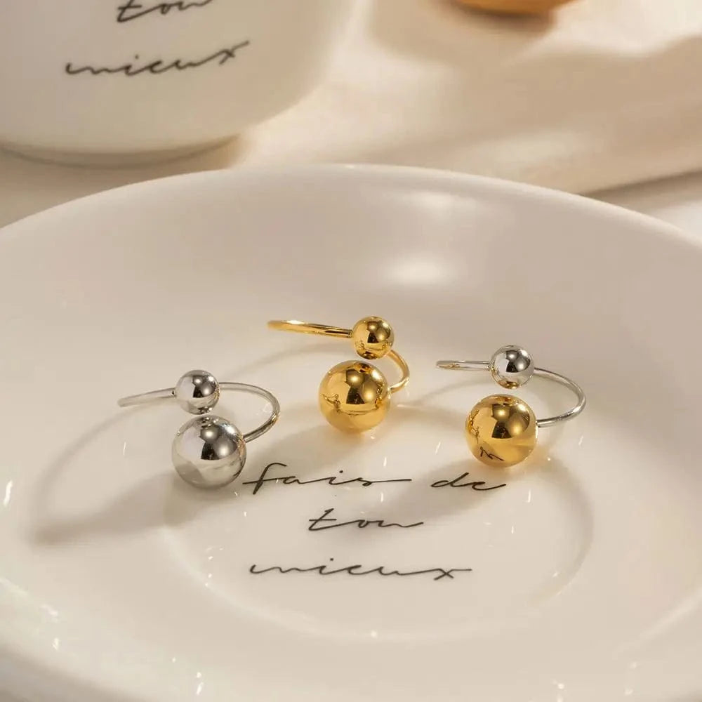 R1972 Minimalist 18K Gold Plated Statement Bead Ring Stainless Steel Silver Color Ball Cross Open Ring for Gift