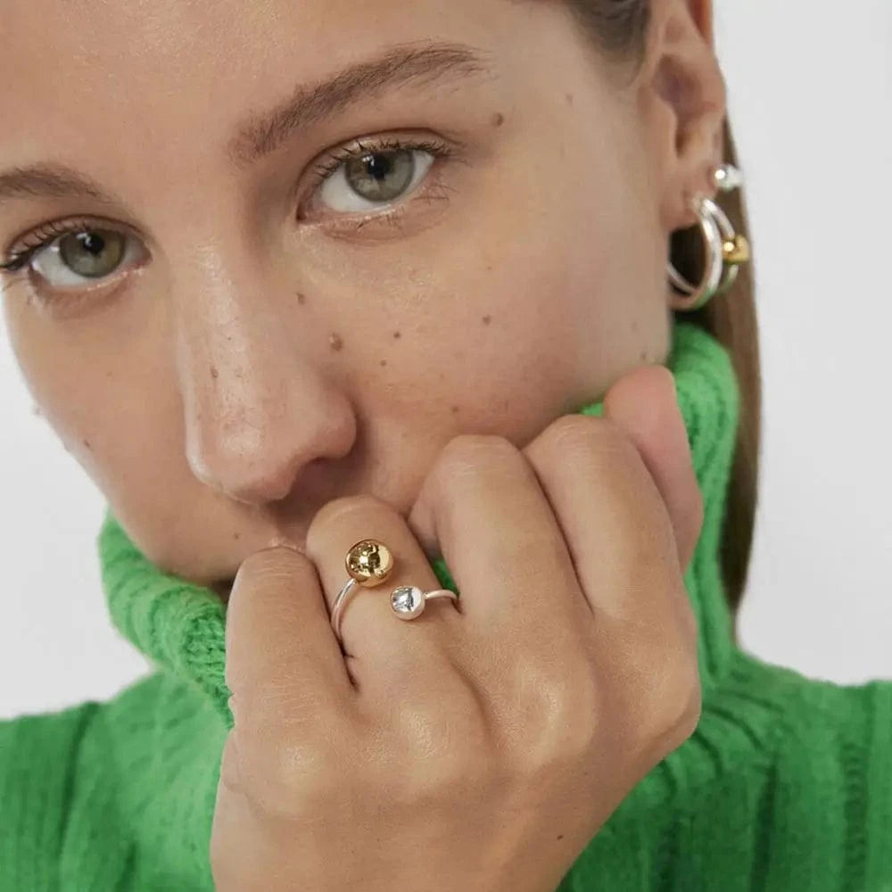R1972 Minimalist 18K Gold Plated Statement Bead Ring Stainless Steel Silver Color Ball Cross Open Ring for Gift