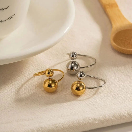 R1972 Minimalist 18K Gold Plated Statement Bead Ring Stainless Steel Silver Color Ball Cross Open Ring for Gift