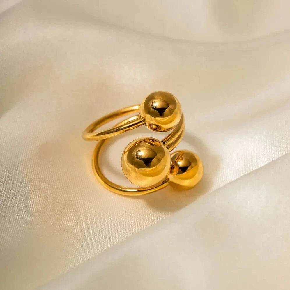 R1983 Minimalist 18K Gold Plated Statement Bead Ring Women Sporty Stainless Steel Ball Layer Ring