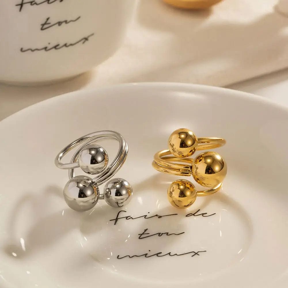 R1983 Minimalist 18K Gold Plated Statement Bead Ring Women Sporty Stainless Steel Ball Layer Ring