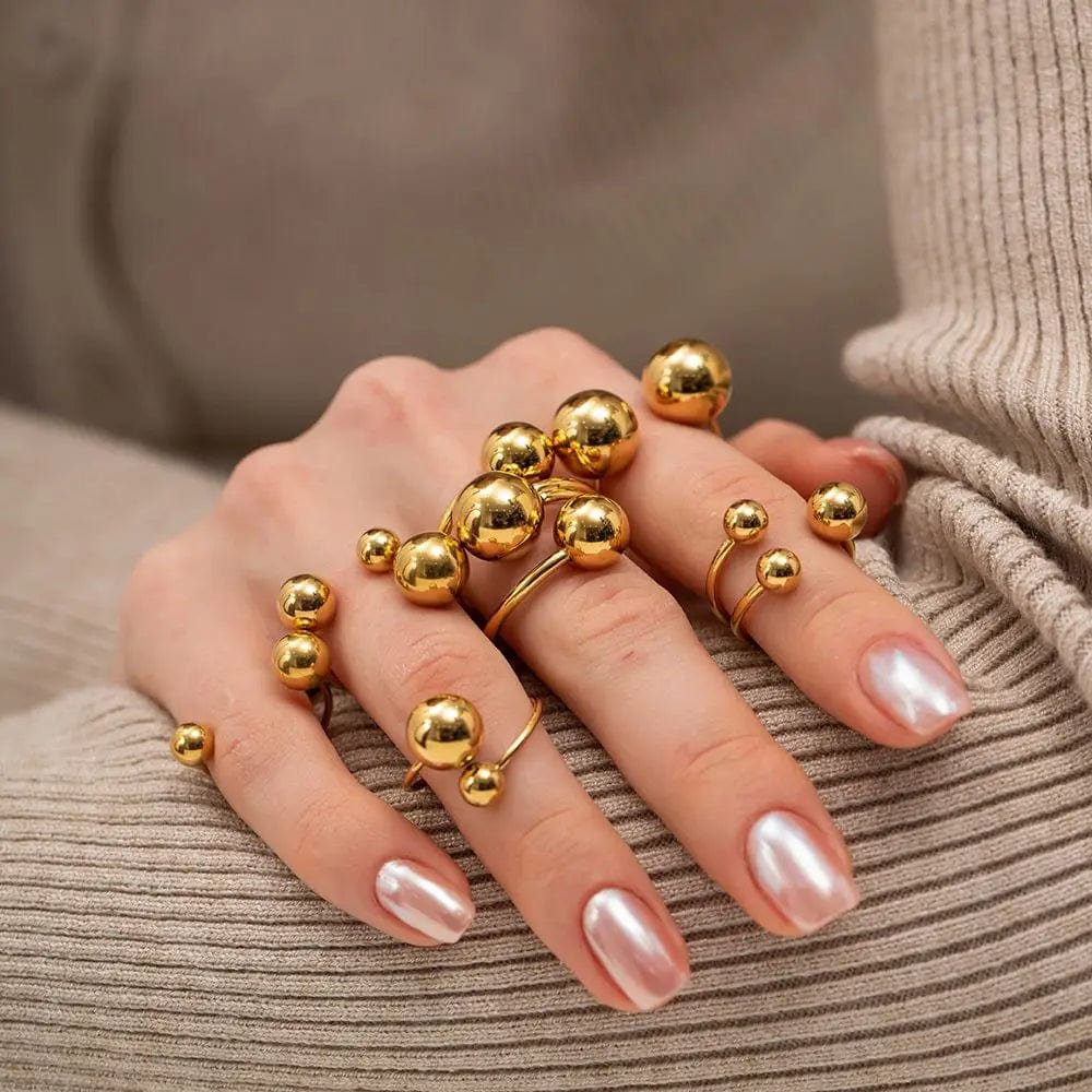 R1983 Minimalist 18K Gold Plated Statement Bead Ring Women Sporty Stainless Steel Ball Layer Ring