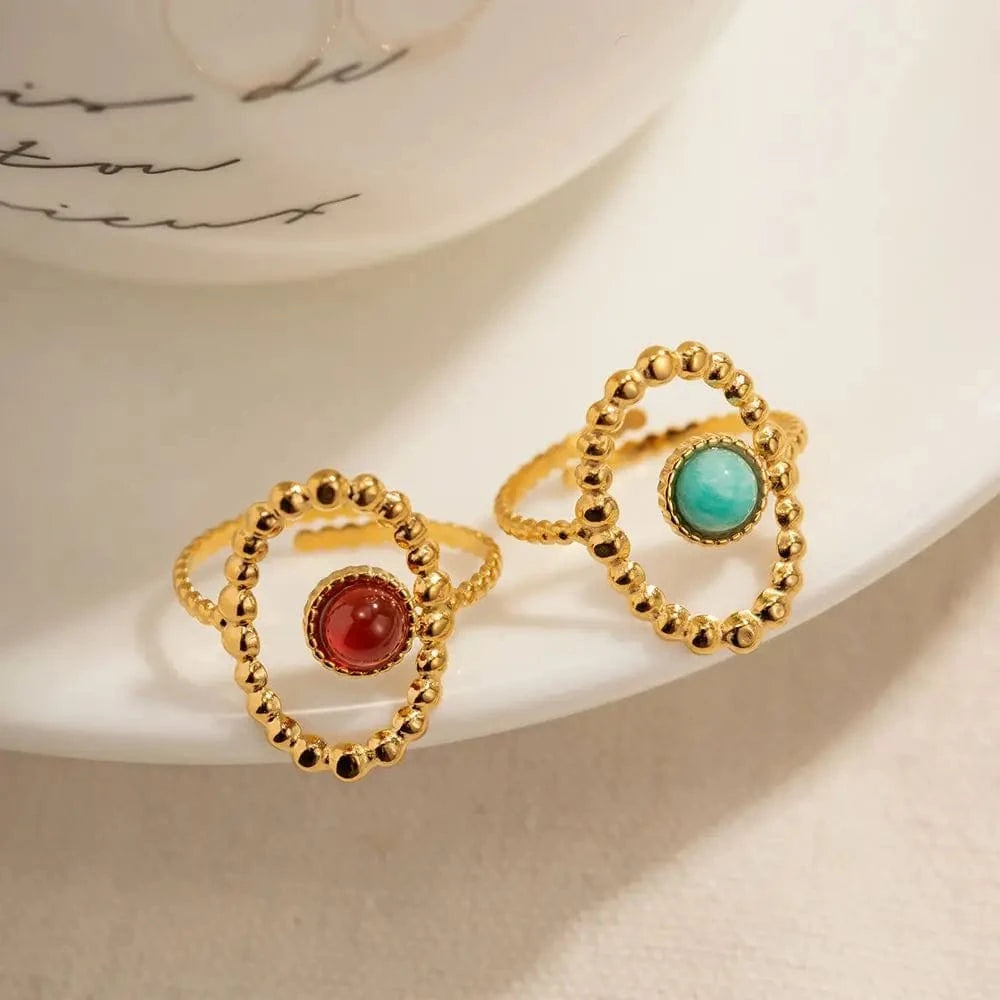 R1988 Exaggerated Stainless Steel 18K Gold Plated Opening Jewelry Nature Stone Oval Bead Chain Hollow Rings